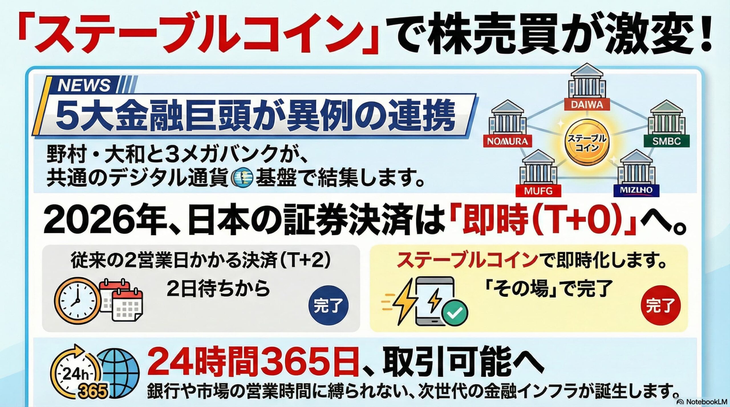 ステーブルコインで株売買が即時決済に。メガバンクと大手証券、ステーブルコインを用いた株売買の実証実験を開始
